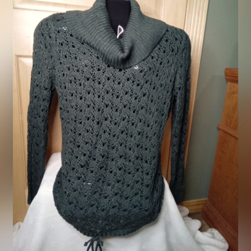 Women's pine green, cowl neck, open weave sweater.